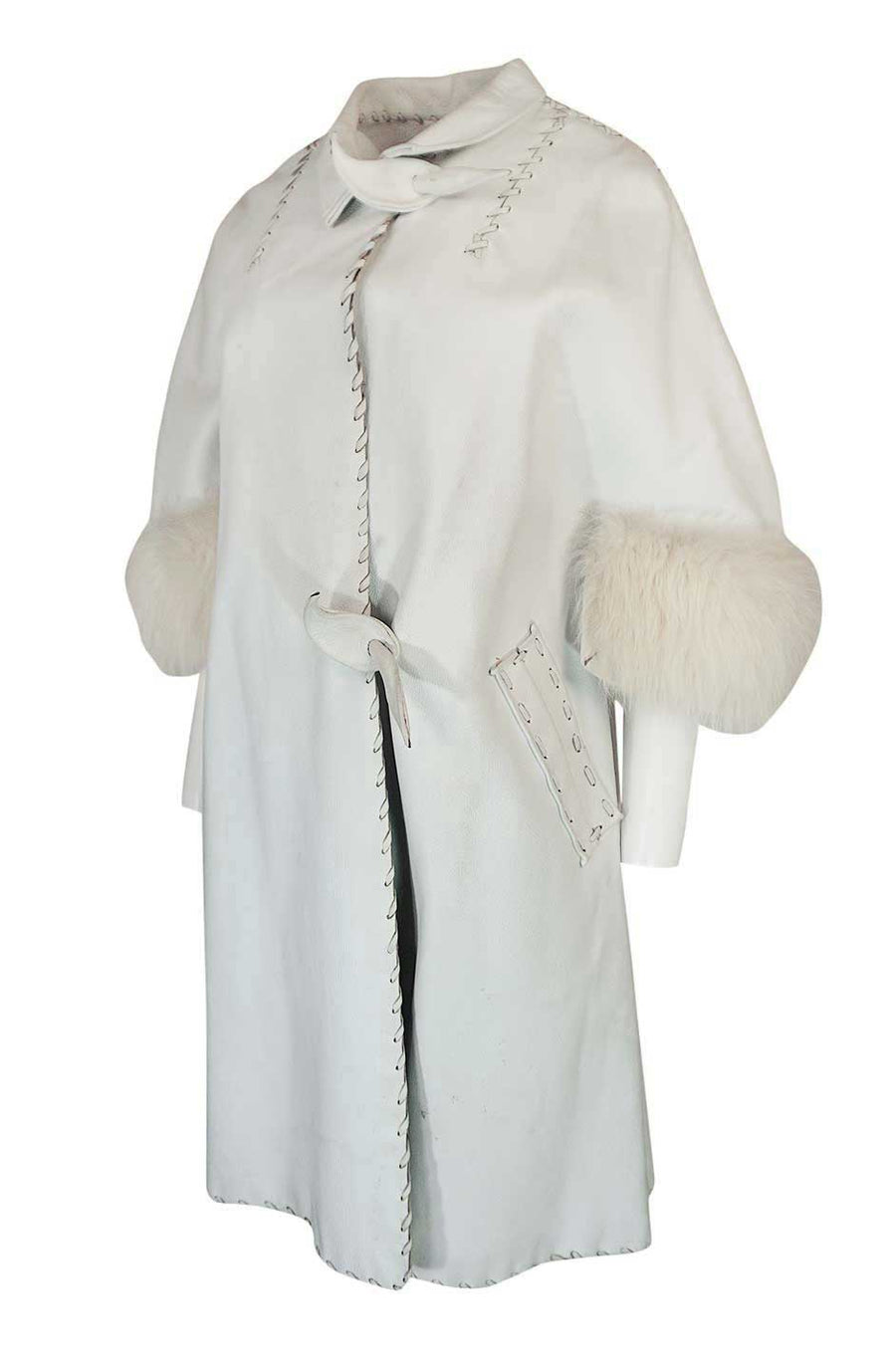 1950s White Leather Tent Coat With Whip Stitch & Fur Cuffs – Shrimpton Couture