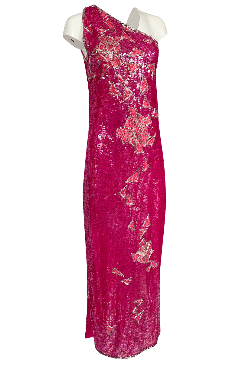 vintage lillie rubin dress 1970s Lillie Rubin Pink Densely Sequin & Bead Graphic Pattern One Shou – Shrimpton Couture
