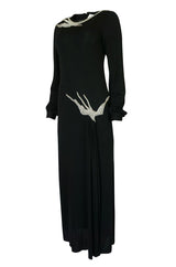 1970s John Anthony Demi-Couture Black Silk Jersey Dress w Hand Beaded Birds
