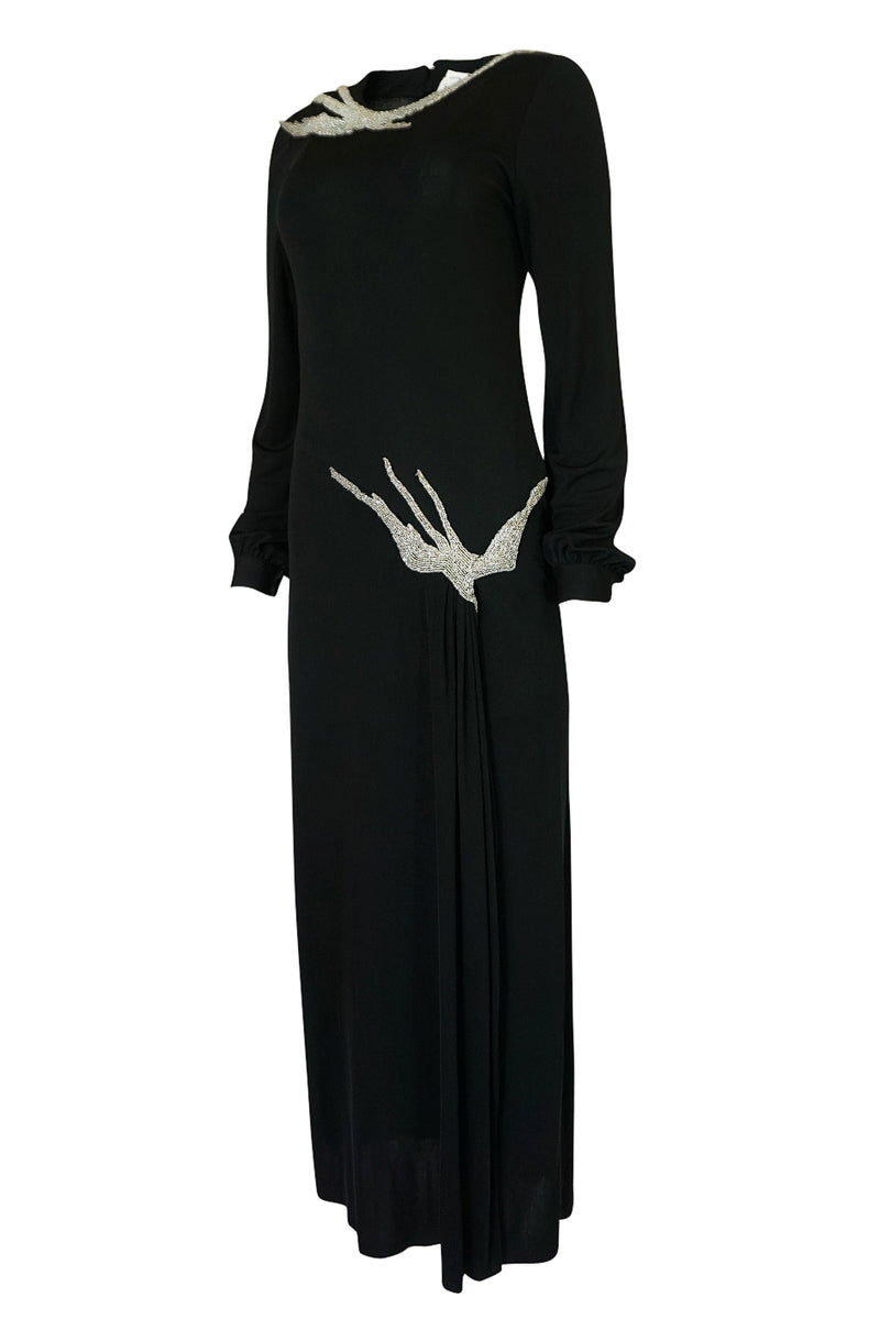 1970s John Anthony Demi-Couture Black Silk Jersey Dress w Hand Beaded Birds