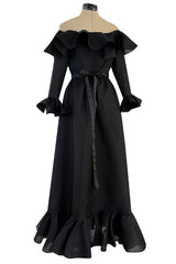 Gorgeous 1972 Nina Ricci Black Silk Gazaar Off Shoulder Dress W Ruffled Finishes