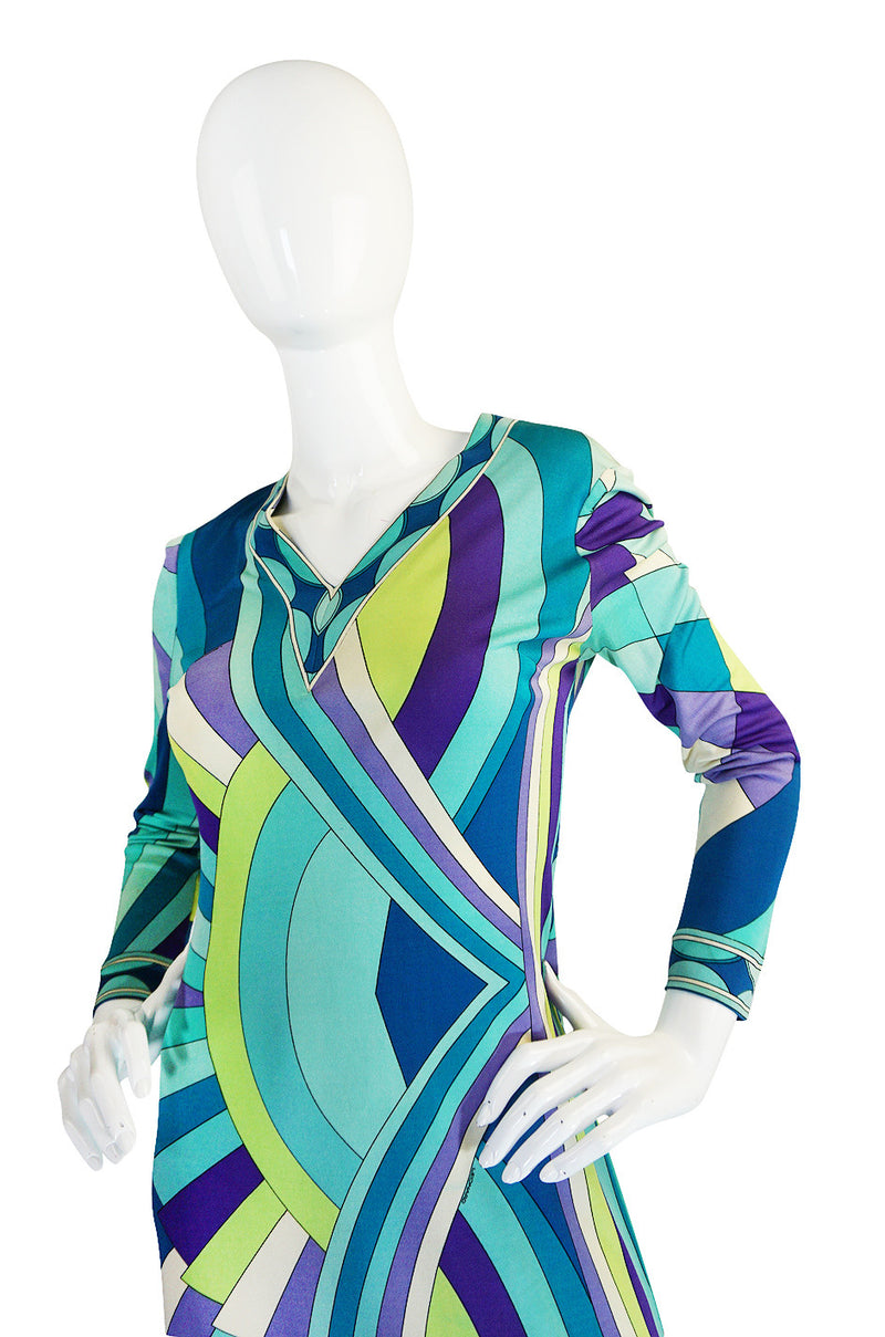 1970s Blue Print Leonard Paris Silk Jersey Dress