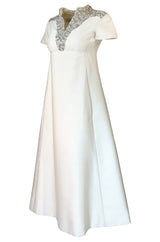 1960s Malcolm Starr Ivory Silk Dress w Rhinestone & Bead Adornments