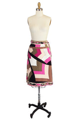 1960s Emilio Pucci Pink & Taupe Geometric Print Velvet Skirt