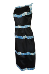 1950s Pauline Trigere Blue Ribbon Printed Black Silk Dress