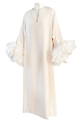 1960s Odette Barsa Loose & Easy Fitting Ivory Silk Caftan w Wide White Feather Cuffs