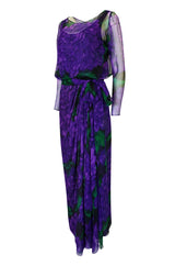 Extraordinary 1970s James Galanos Purple Silk Chiffon Demi-Couture Dress