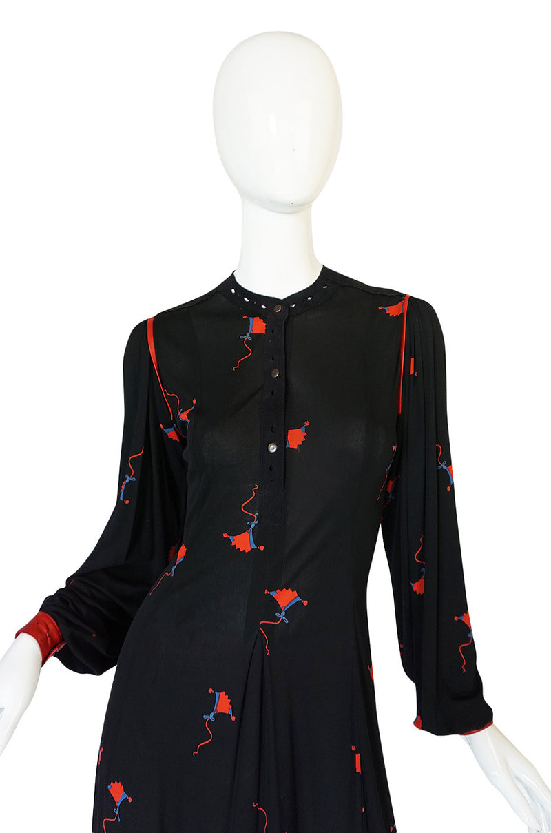 1970s Ann Buck Jersey with Leather Trim Print Dress