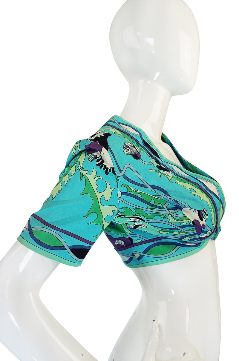 1960s Turquoise Print Cotton Emilio Pucci Cropped Top