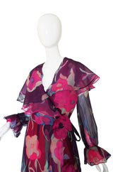 1970s Silk Chiffon & Floral Wrap Dress