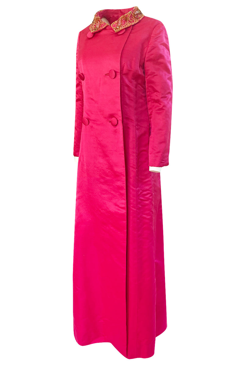 1960s Unlabeled Malcolm Starr Pink Silk Satin Full Length Evening Coat
