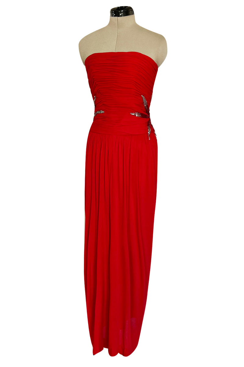Prettiest 1970s Ruben Panis Side Beaded Red Jersey Dress w Convertible Straps
