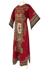 1960s Unlabeled Red Thai Print Cotton Caftan Dress w Frog Knot Detail