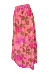 1960s Unlabeled Pink Exotic Floral Print Thai Silk Skirt