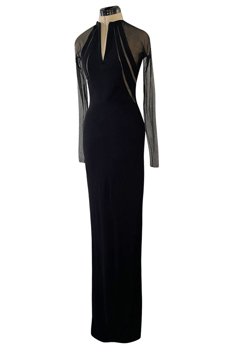Spectacular 2005 John Anthony Couture Black Stretch Jersey Dress w Curved Netted Cut Outs