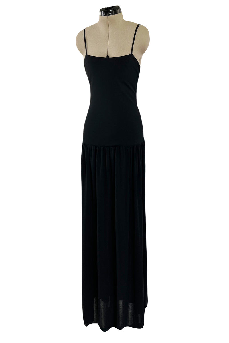 Superb 1980s Christian Dior by Marc Bohan Minimalist Black Jersey Drop Waist Dress