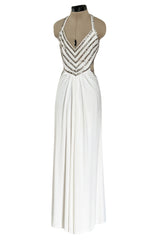 Stellar 1970s Luis Estevez Backless White Jersey Dress w Silver Studded Front