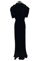 Stunning 1930s Black Silk Velvet Bias Cut Dress w Top Stitched Sleeves & Silver Glitter Buttons