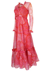 c.1976 Nina Ricci Silk Voile Pink Paisley Print Ruffle Trim Dress