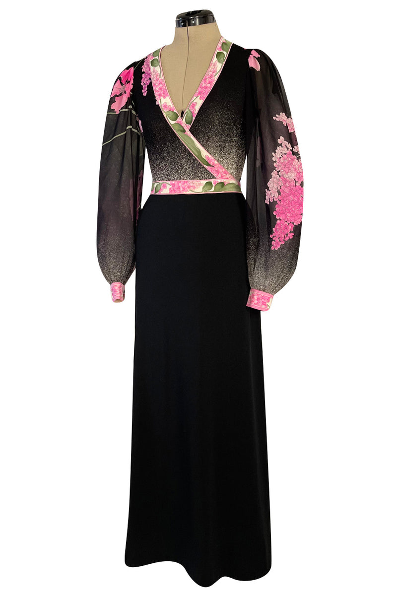 Prettiest 1970s Leonard Paris Pink Charcoal & Black Floral Printed Silk Jersey Dress