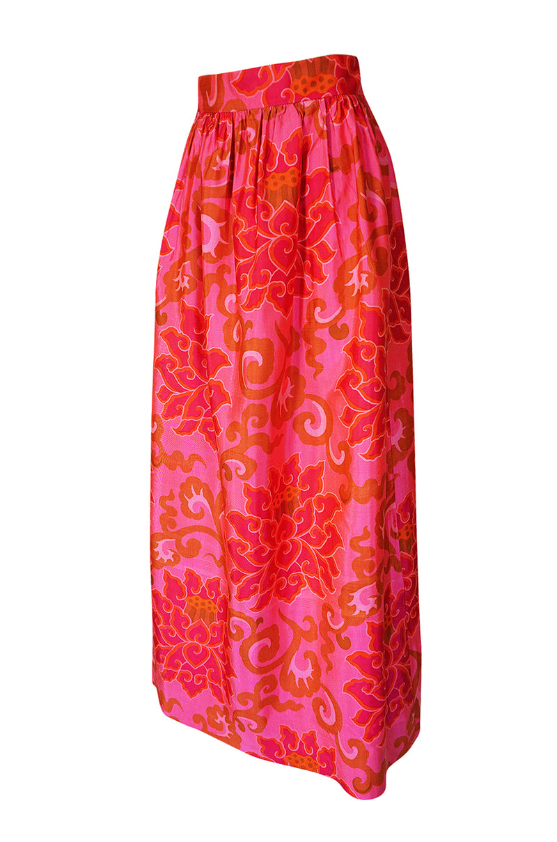 1960s Unlabeled Pink Printed Full Length Thai Silk Skirt