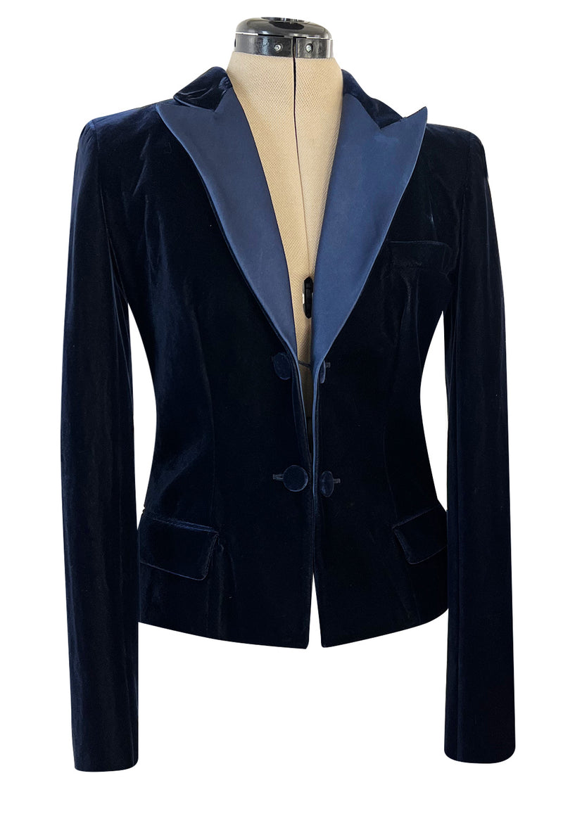 Runway Fall 2002 Yves Saint Laurent Blue Velvet Jacket w Long Sleeves & Tuxedo Collar