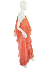 1980-82 Peach Silk Organza Ruffled Halston Spiral Gown