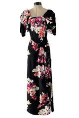 Stunning 1930s Unlabeled Black Silk Crepe Dress w Brilliant Pink & Coral Floral Print