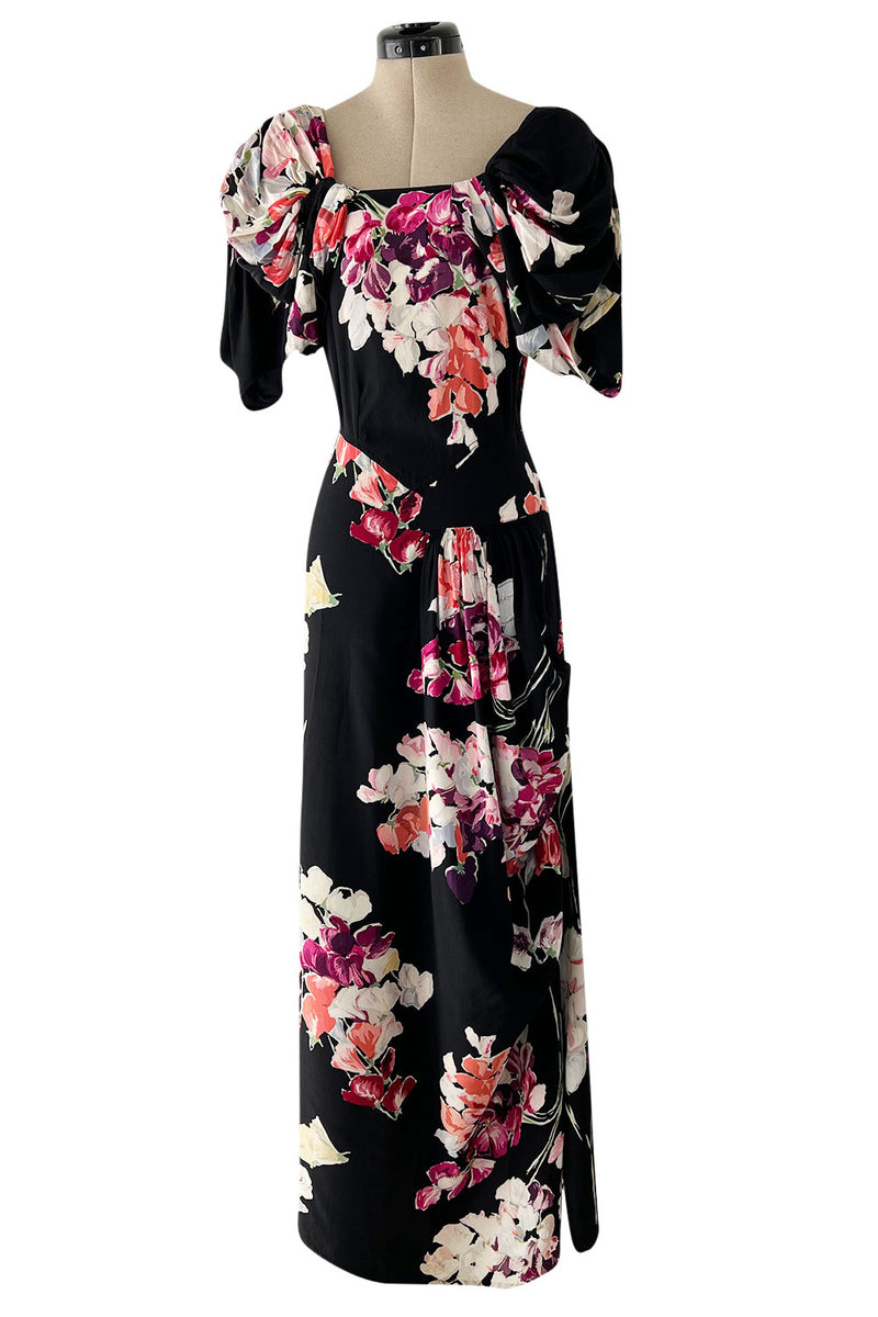 Stunning 1930s Unlabeled Black Silk Crepe Dress w Brilliant Pink & Coral Floral Print