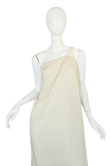 1970s Yuki One Shoulder Draped Cream Jersey Dress