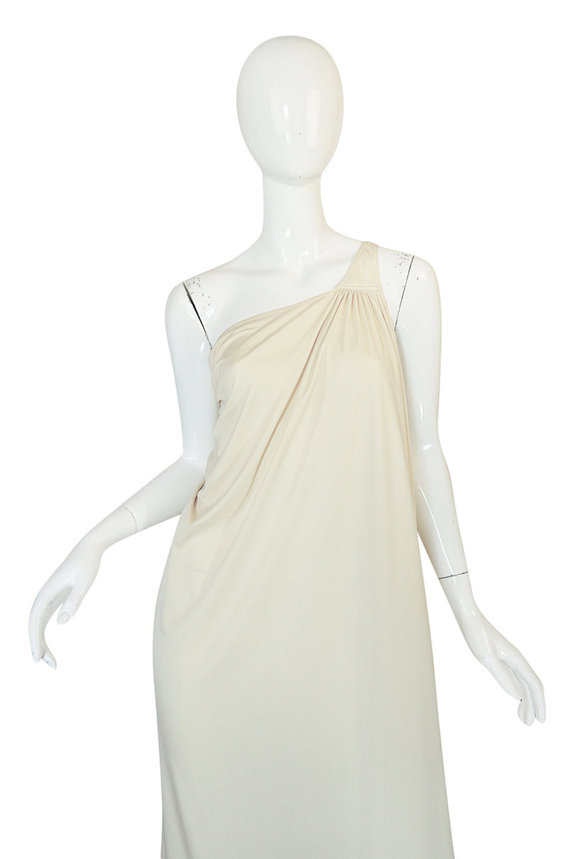 1970s Yuki One Shoulder Draped Cream Jersey Dress