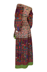 1960s Richilene Off Shoulder Pouf Sleeve Bohemian Printed Silk Dress
