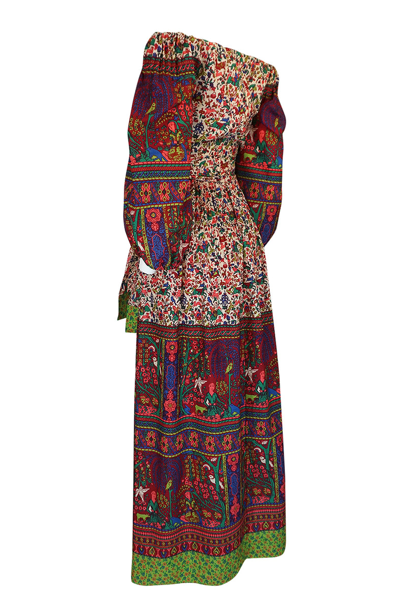 1960s Richilene Off Shoulder Pouf Sleeve Bohemian Printed Silk Dress