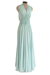 Spring 1976 Chanel Haute Couture Pale Turquoise Silk Chiffon Dress w PinTuck Gathered Front