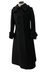 Glamorous 1960s Tailored Black Wool Coat w Densely Beaded Cuffs Collar & Buttons
