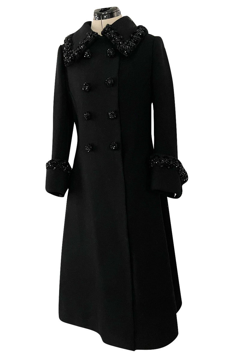 Glamorous 1960s Tailored Black Wool Coat w Densely Beaded Cuffs Collar & Buttons