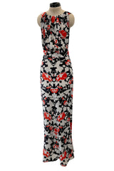 Stunning 1930s Coral, Black & Pale Grey Floral Silk Print Bias Cut Backless Dress