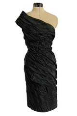 1980s Antony Price Hand Gathered One Shoulder Black Taffeta Dress
