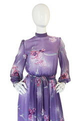 1970s Hanae Mori Romantic Pale Purple Print Chiffon Dress