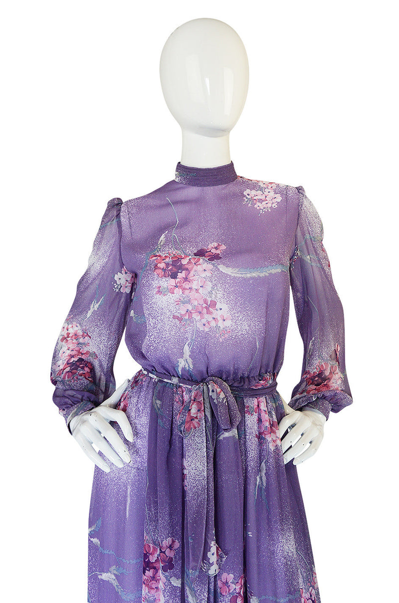 1970s Hanae Mori Romantic Pale Purple Print Chiffon Dress