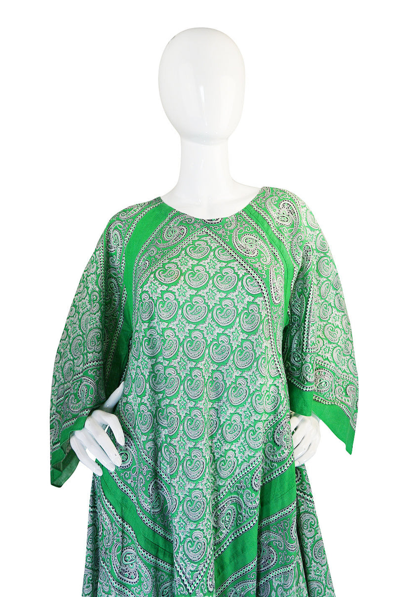 1970s Green Print Bandanna Scarf Cotton Caftan Dress