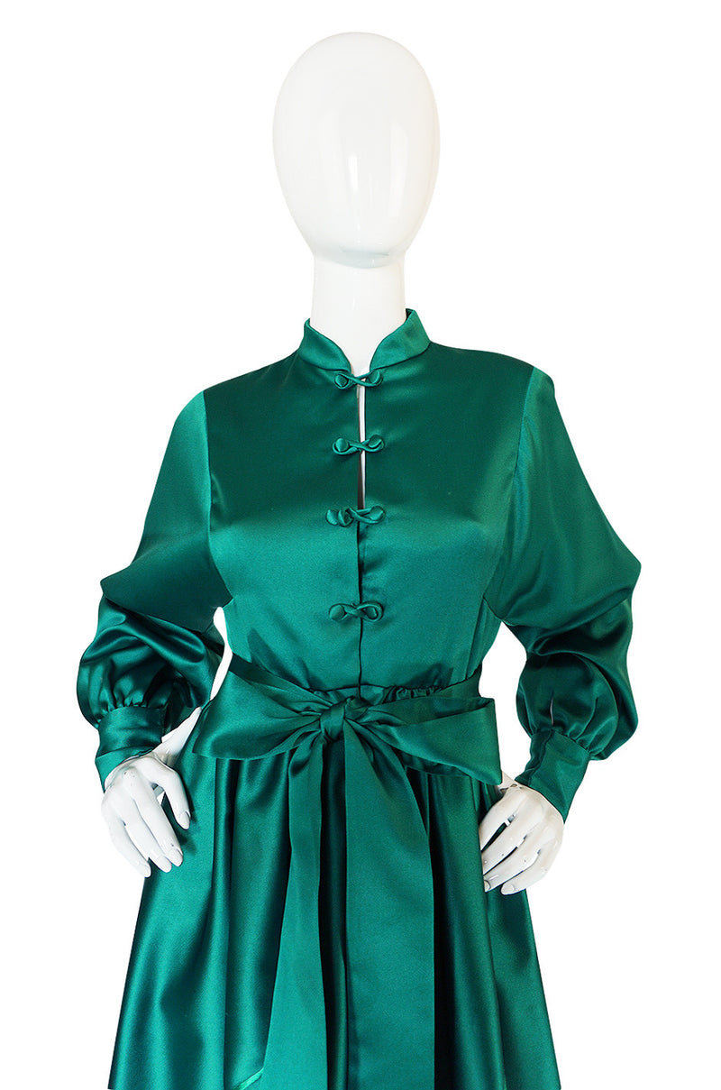1960s Teal Traina Emerald Green Embroidered Silk Dress