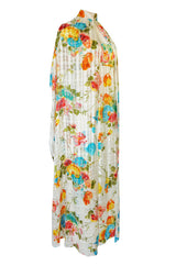 1970s Alfred Bosand Printed Floral Ribbon Silk Gown & Cape