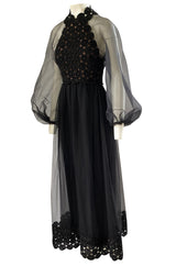 1960s Werle Black Organza & Embroidered Lace Transparent Back Dress