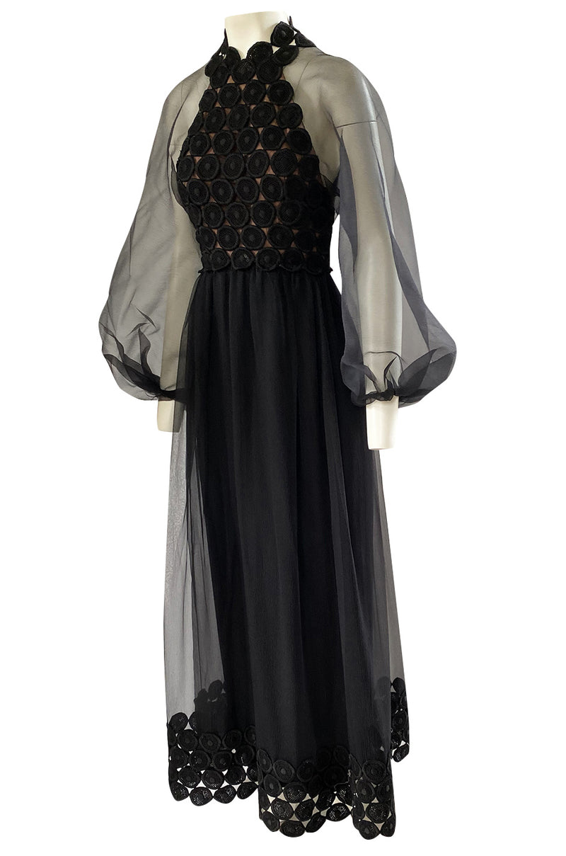 1960s Werle Black Organza & Embroidered Lace Transparent Back Dress