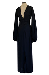 Iconic 1972 Ossie Clark Couture Black Moss Crepe Open Back Wrapped Dress w Bishop Sleeves
