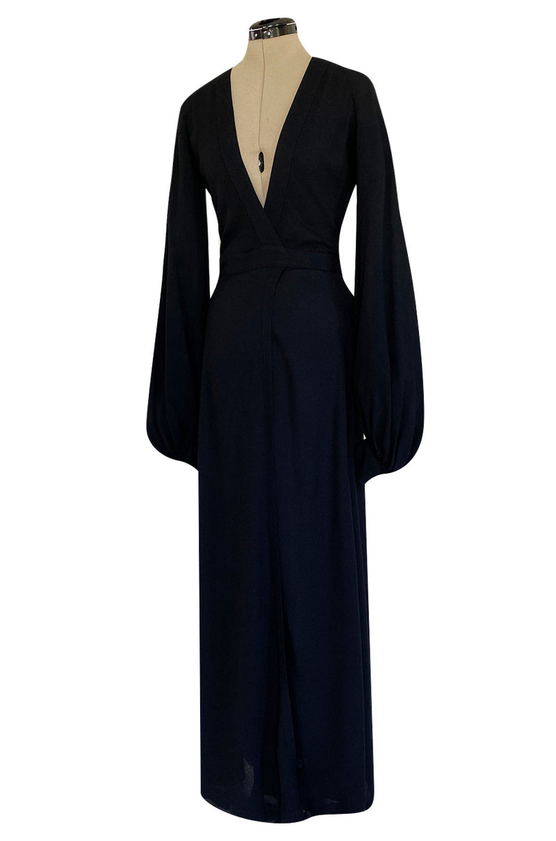 Iconic 1972 Ossie Clark Couture Black Moss Crepe Open Back Wrapped Dress w Bishop Sleeves