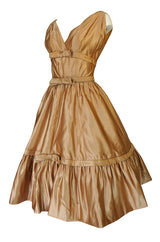 c.1957 Christian Dior Demi-Couture Gold Bow Detailed Silk Dress