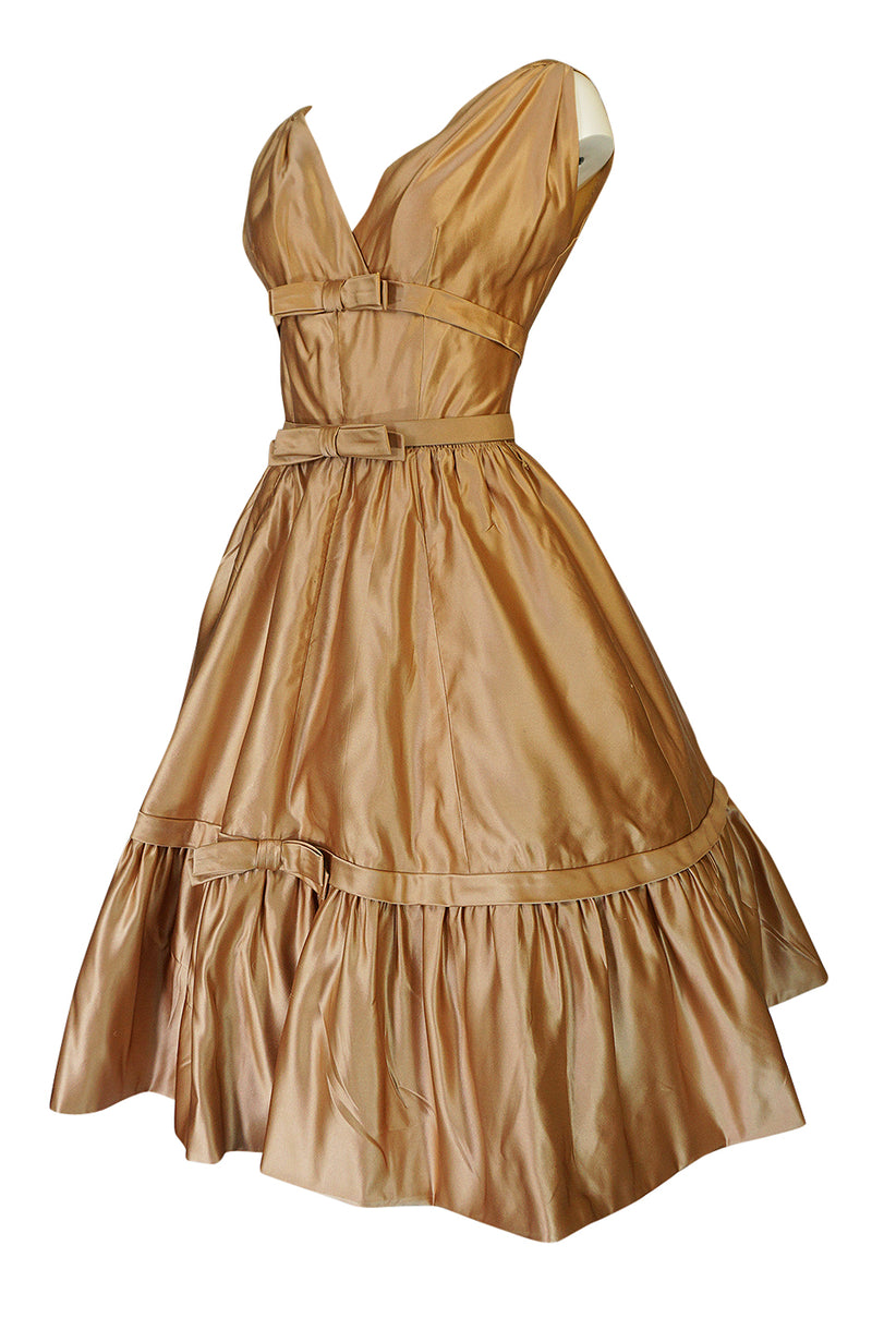 c.1957 Christian Dior Demi-Couture Gold Bow Detailed Silk Dress