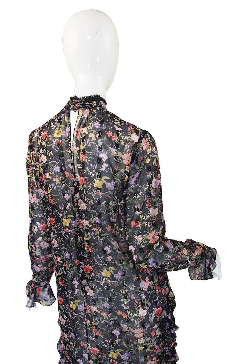 1980s Floral Silk Chiffon Hanae Mori Ruffle Dress